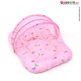 Baby Bedding Set With Mosquito Protection Net &  Pillow With Animals Print - Pink 0-12m