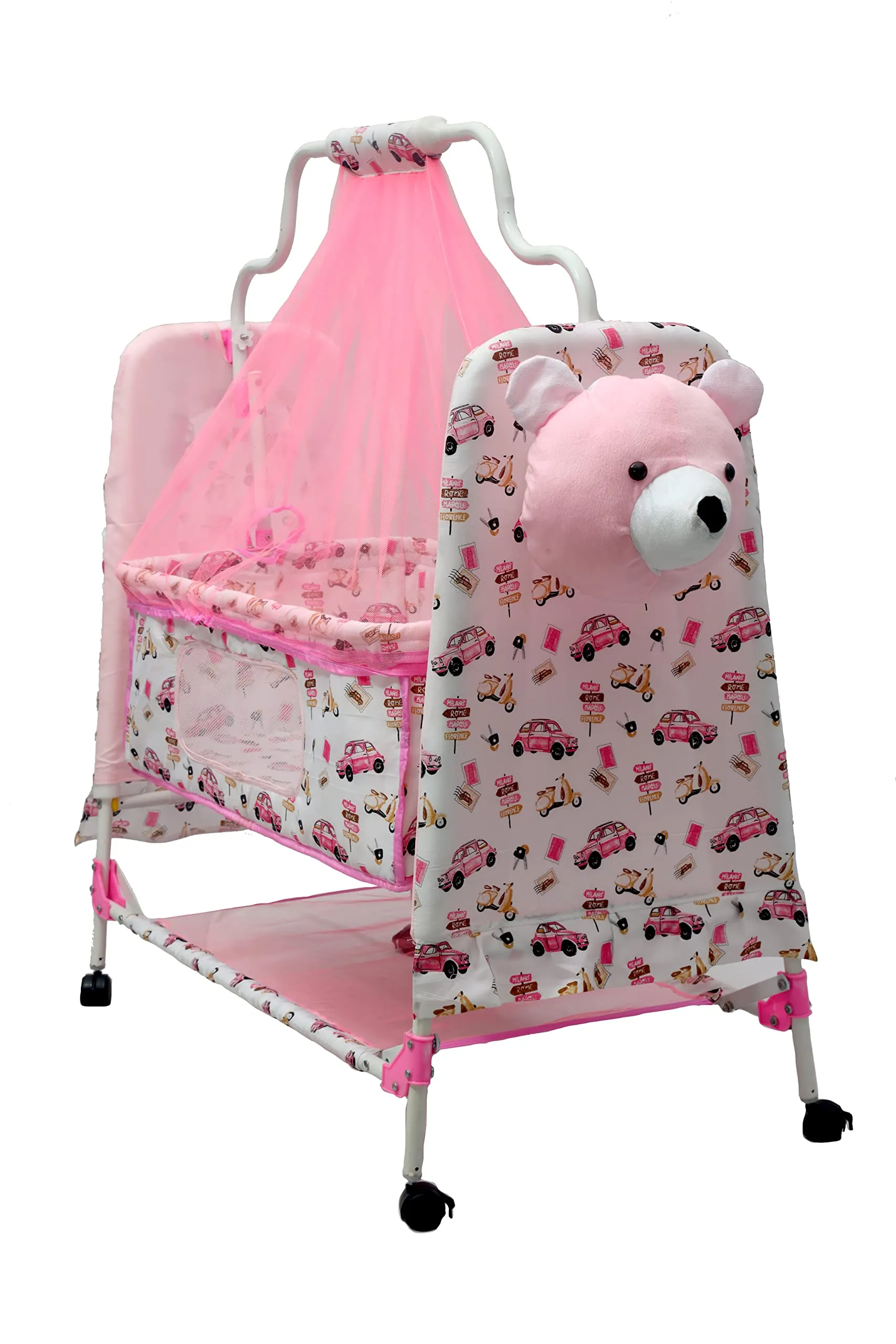 BABYBLESSING Baby Cradle with Swing and Mosquito Net | with Swing Lock | Foldable | Sturdy and Safe | Durable | with Mosquito Net & Pillow | Jhulla | Baby Swing | 0-15 Months | Pink