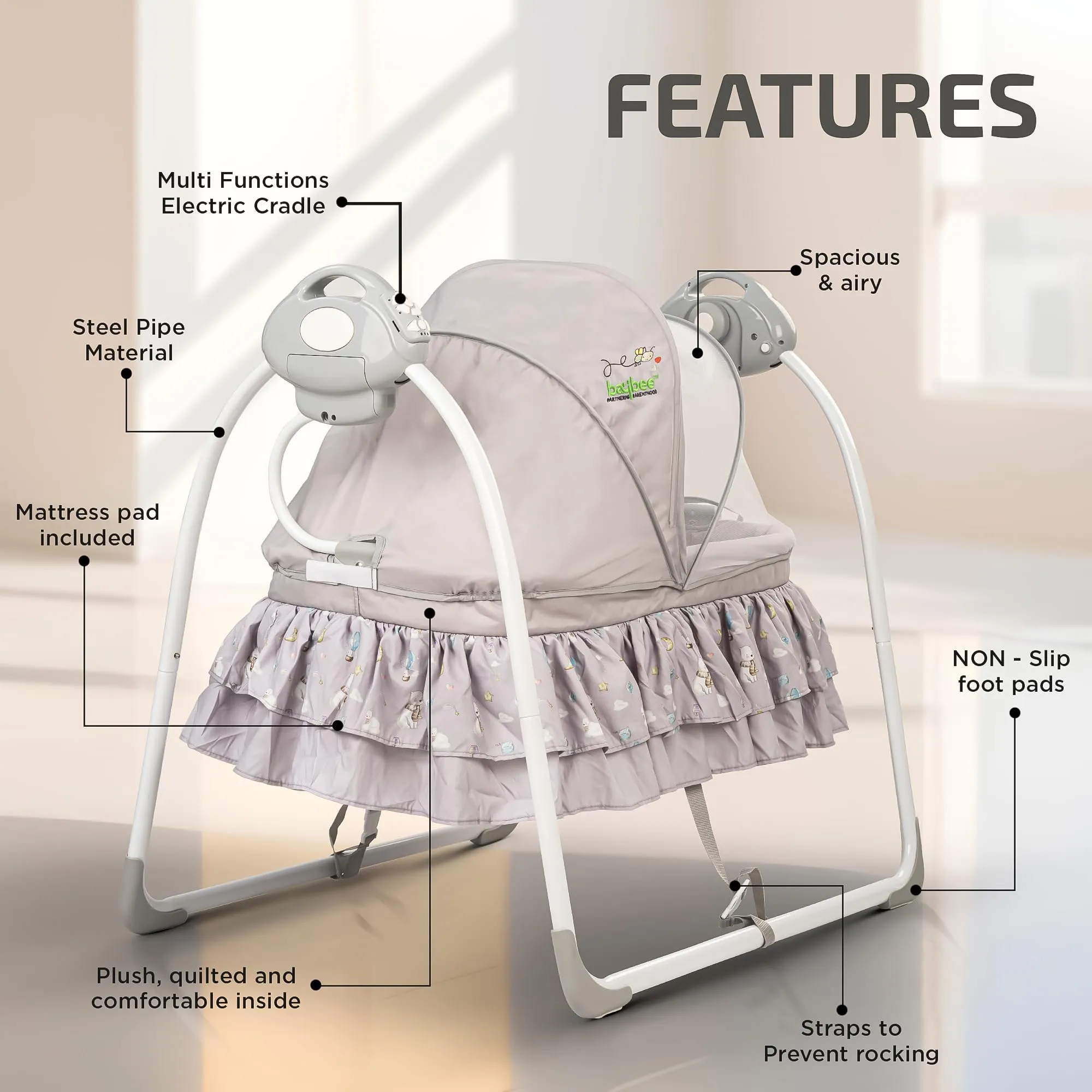 BAYBEE Bella Electric Swing Cradle for Baby, Automatic Baby Swings with 6 Speed Adjustment, Mosquito Net, Music & Remote | Cradle Jhula for Baby | Baby Swing for 0 to 12 Months Boy Girl