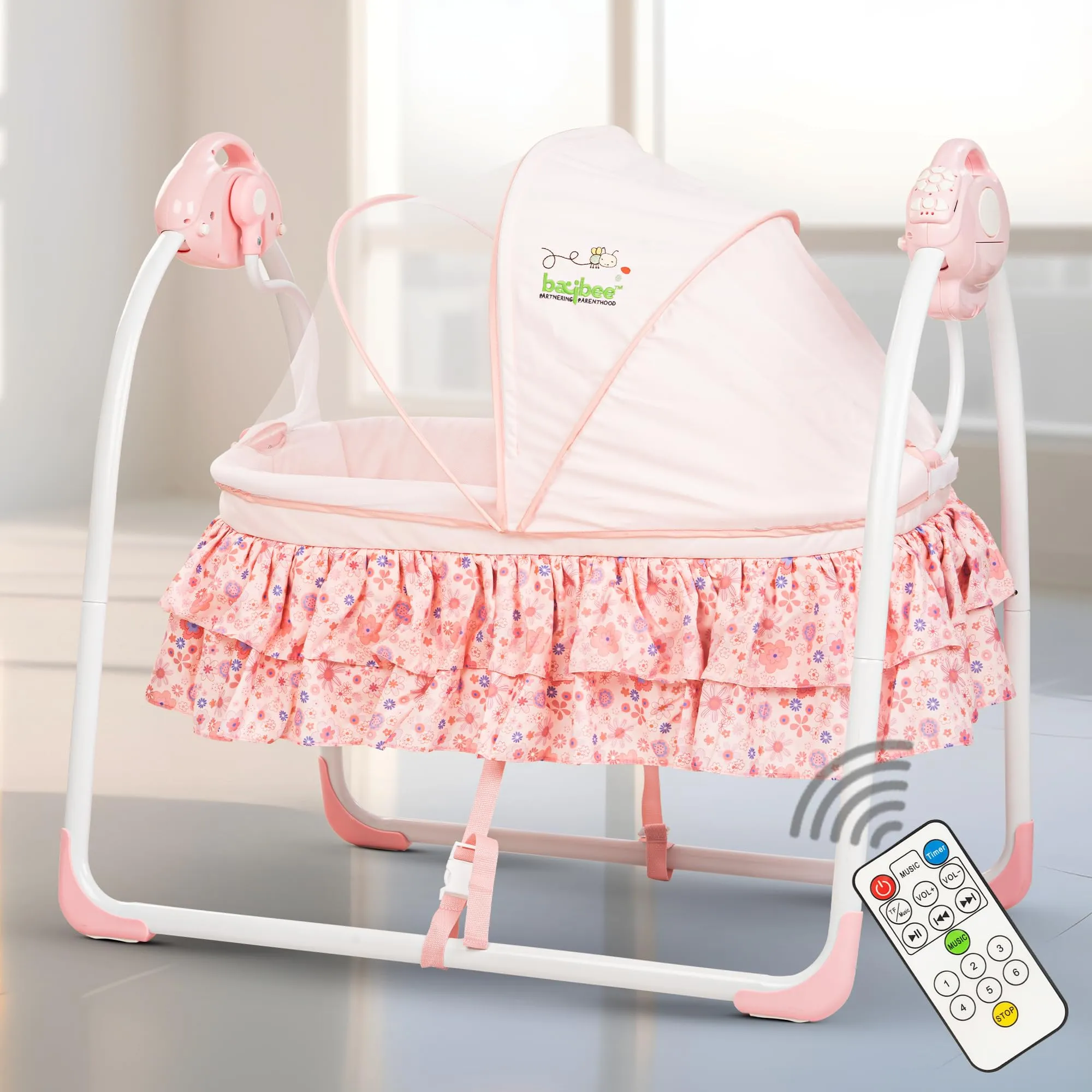 BAYBEE Bella Electric Swing Cradle for Baby, Automatic Baby Swings with 6 Speed Adjustment, Mosquito Net, Music & Remote | Cradle Jhula for Baby | Baby Swing for 0 to 12 Months Boy Girl