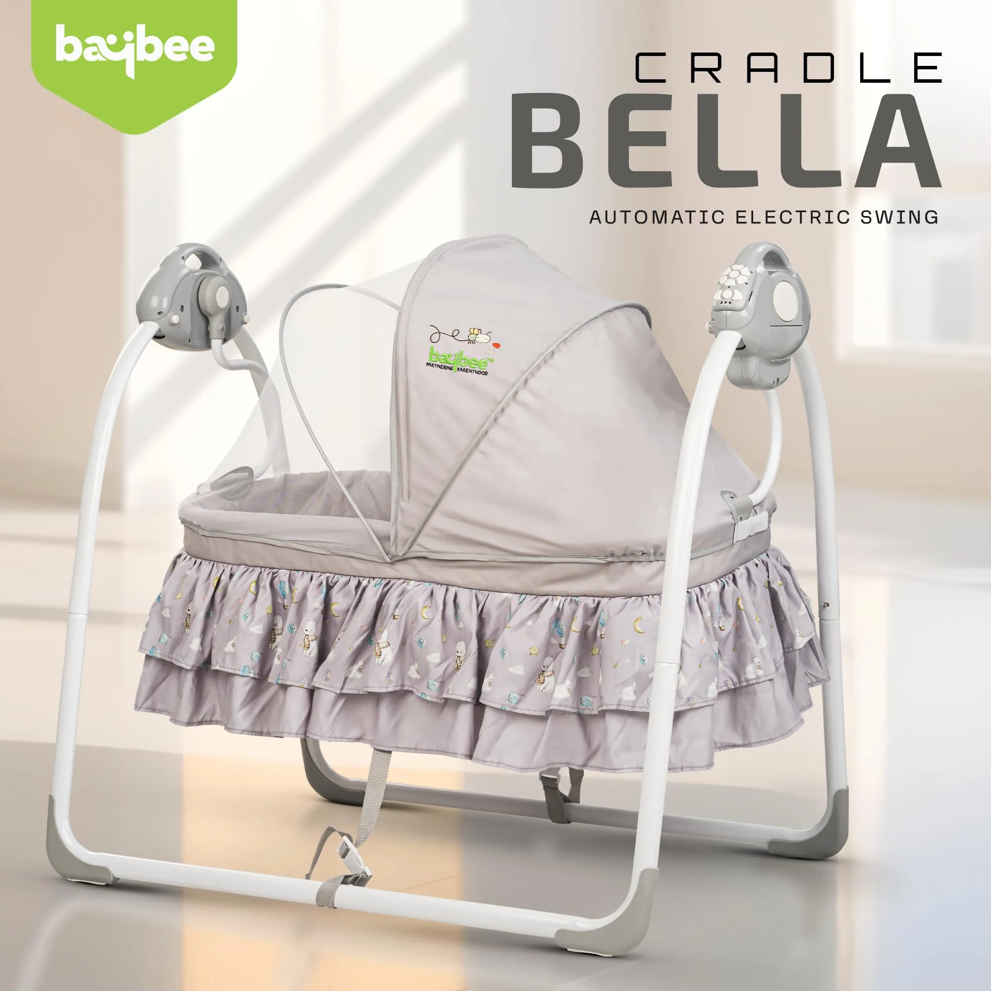 BAYBEE Bella Electric Swing Cradle for Baby, Automatic Baby Swings with 6 Speed Adjustment, Mosquito Net, Music & Remote | Cradle Jhula for Baby | Baby Swing for 0 to 12 Months Boy Girl