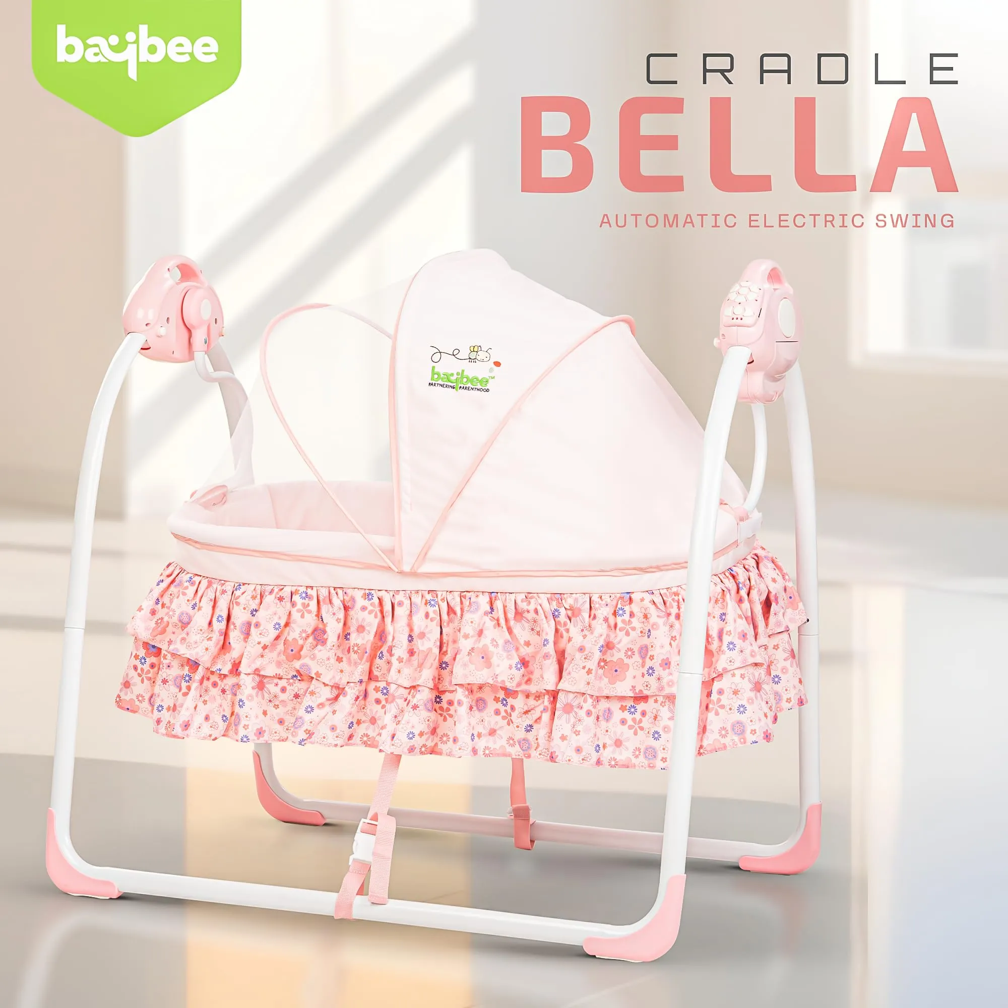 BAYBEE Bella Electric Swing Cradle for Baby, Automatic Baby Swings with 6 Speed Adjustment, Mosquito Net, Music & Remote | Cradle Jhula for Baby | Baby Swing for 0 to 12 Months Boy Girl