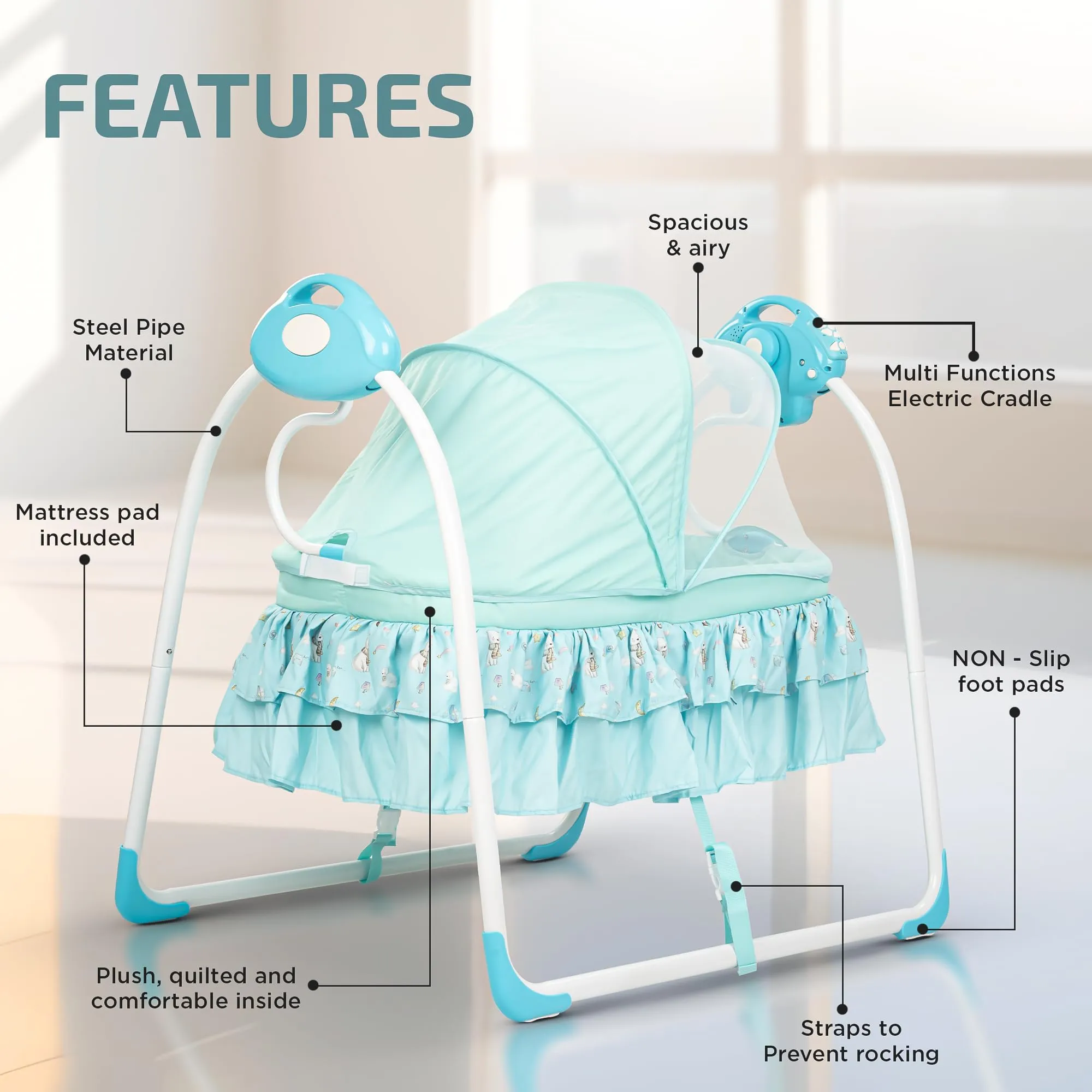 BAYBEE Bella Electric Swing Cradle for Baby, Automatic Baby Swings with 6 Speed Adjustment, Mosquito Net, Music & Remote | Cradle Jhula for Baby | Baby Swing for 0 to 12 Months Boy Girl