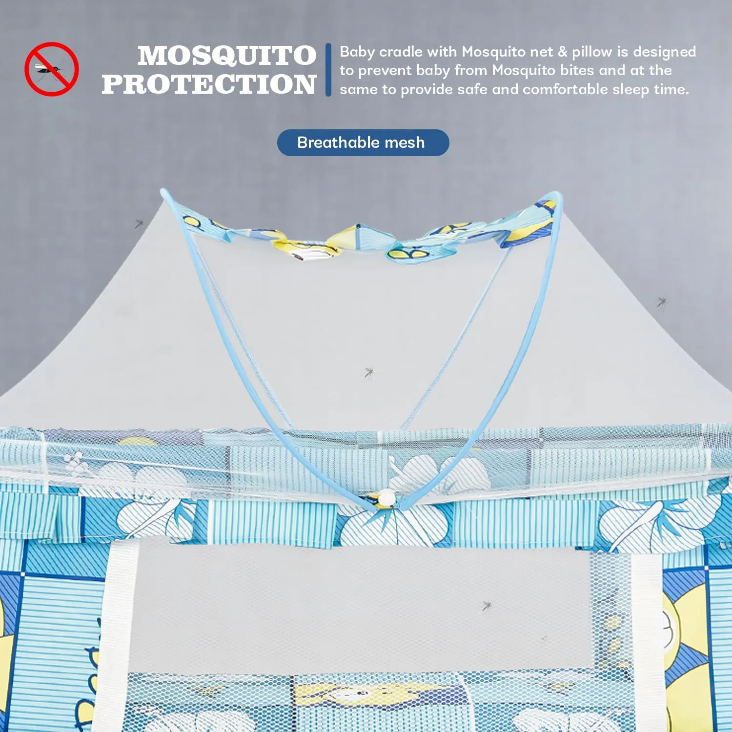 BAYBEE Breezy Baby Swing Cradle for Baby, Jhula Palna for New Born Babies, Baby Bedding Set with Mosquito Net & Storage Basket | Baby Sleeping Swing Cradle for 0 to 12 Month Boys Girls (Blue)