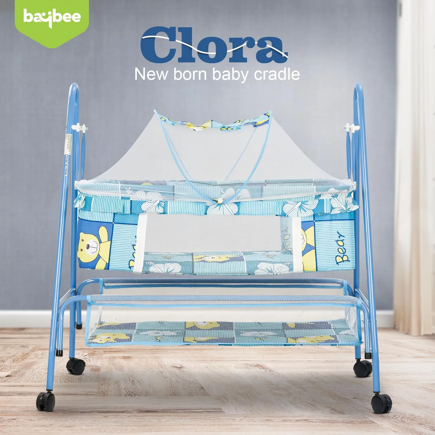 BAYBEE Breezy Baby Swing Cradle for Baby, Jhula Palna for New Born Babies, Baby Bedding Set with Mosquito Net & Storage Basket | Baby Sleeping Swing Cradle for 0 to 12 Month Boys Girls (Blue)