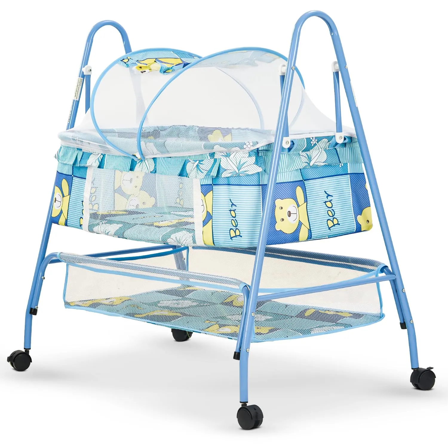 BAYBEE Breezy Baby Swing Cradle for Baby, Jhula Palna for New Born Babies, Baby Bedding Set with Mosquito Net & Storage Basket | Baby Sleeping Swing Cradle for 0 to 12 Month Boys Girls (Blue)