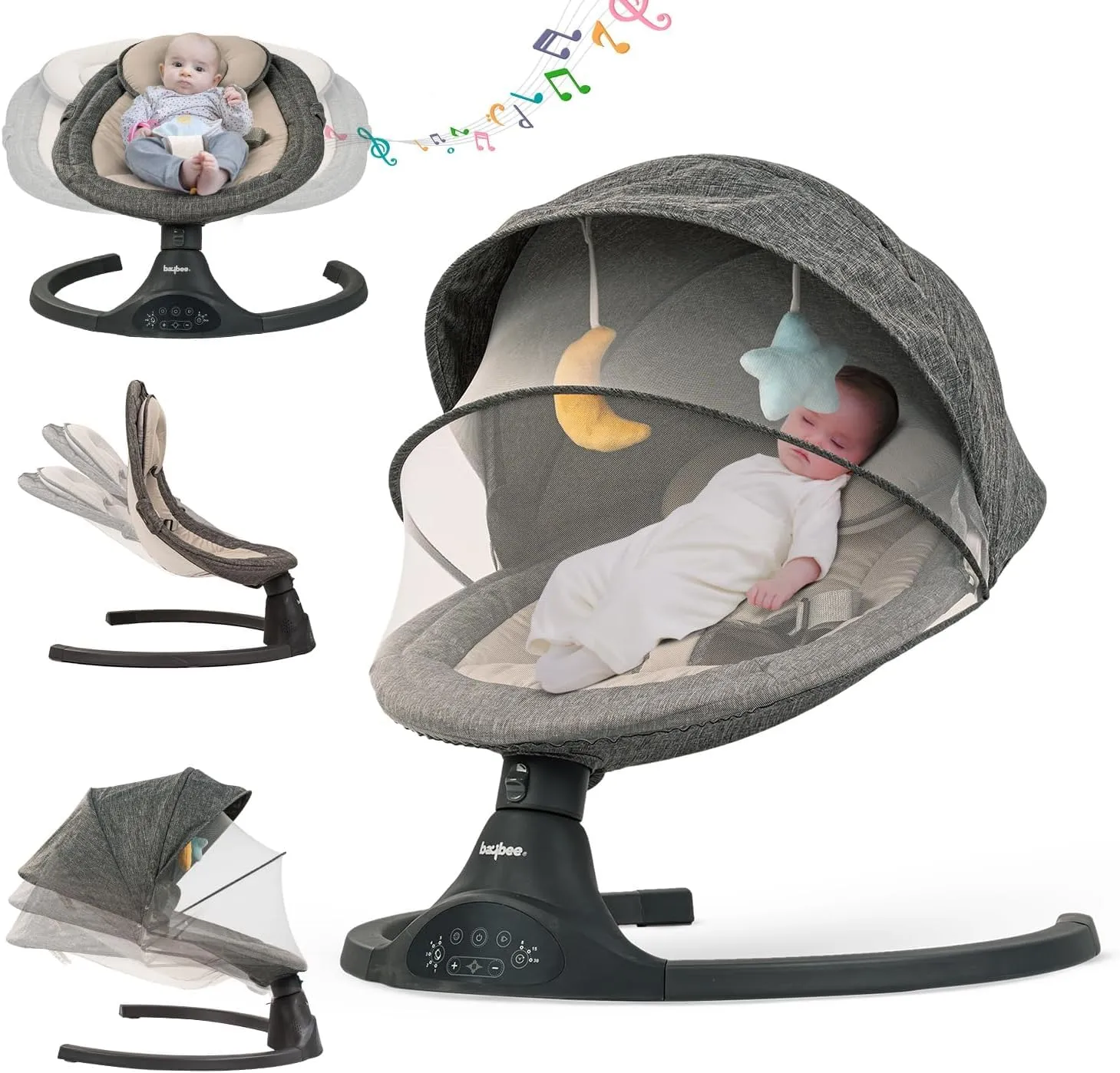 Baybee Premium Automatic Electric Baby Swing Cradle with Adjustable Swing Speed, Soothing Music | Baby Rocker with Mosquito Net, Safety Belt & Removable Baby Toys Swing for Baby (Black)