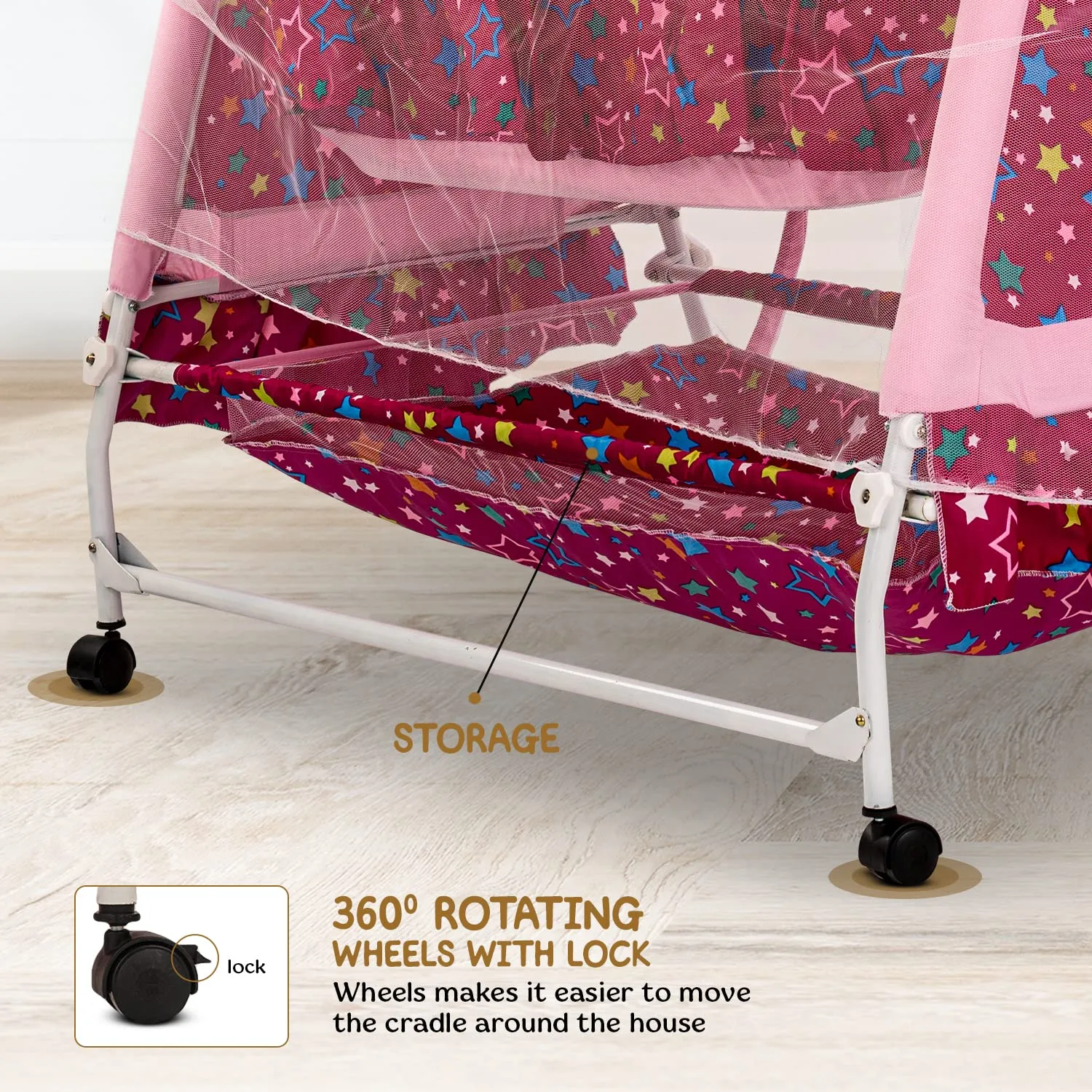 Baybee Wonderla Baby Swing Cradle for Baby with Mosquito Net, Storage & Wheels