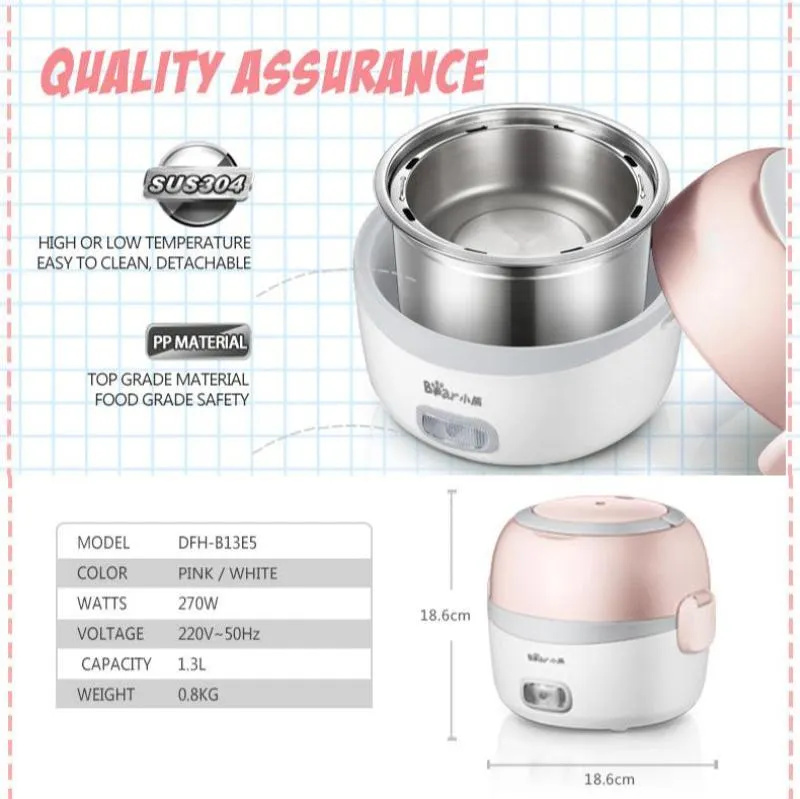 Bear Electric Lunch Box, Stainless Steel Rice Cooker, Mini Rice Cooker (DFH-B13E5)