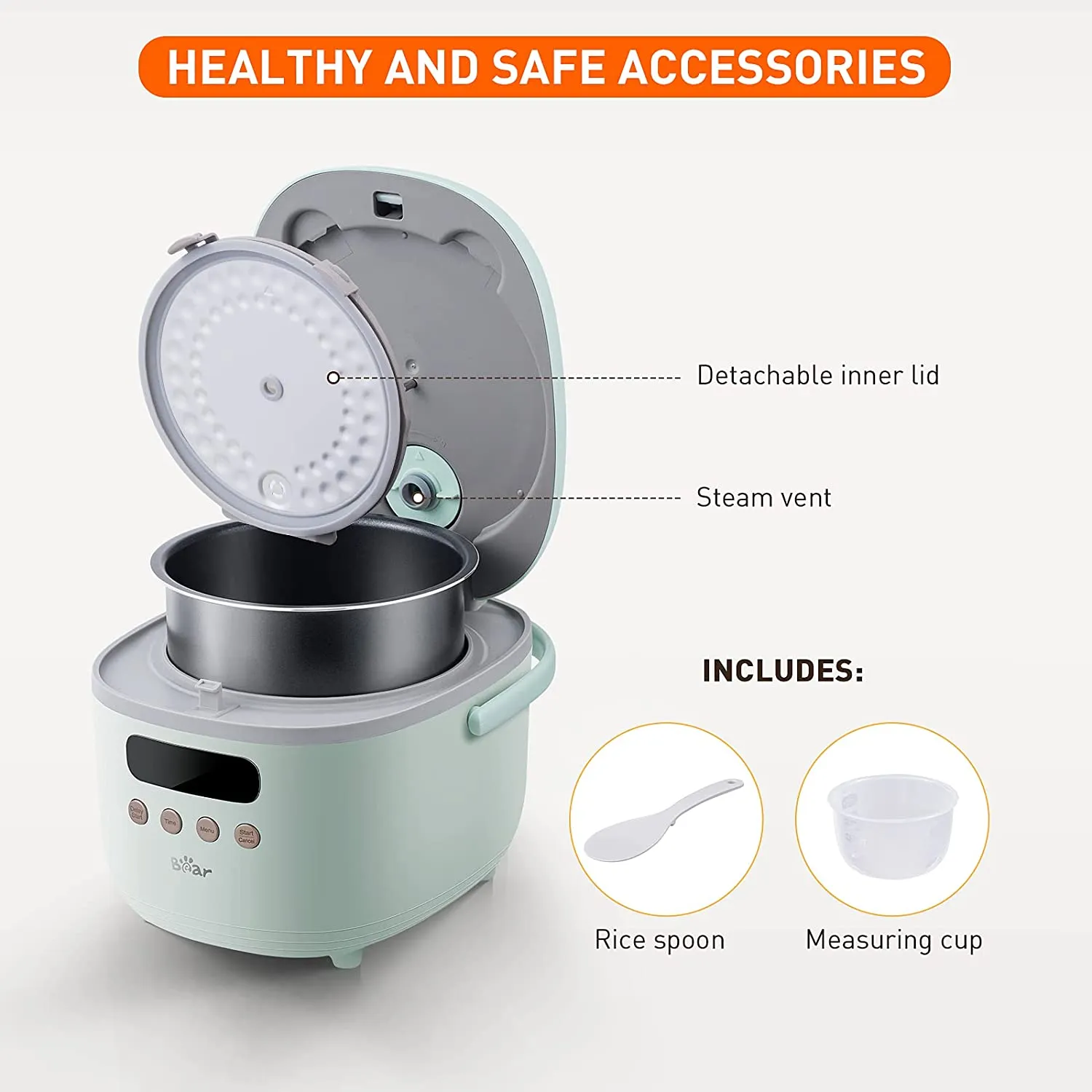 BEAR Rice Cooker DFB-B20K1 4 Cups Uncooked, 3L Digital Rice Maker with Portable Handle