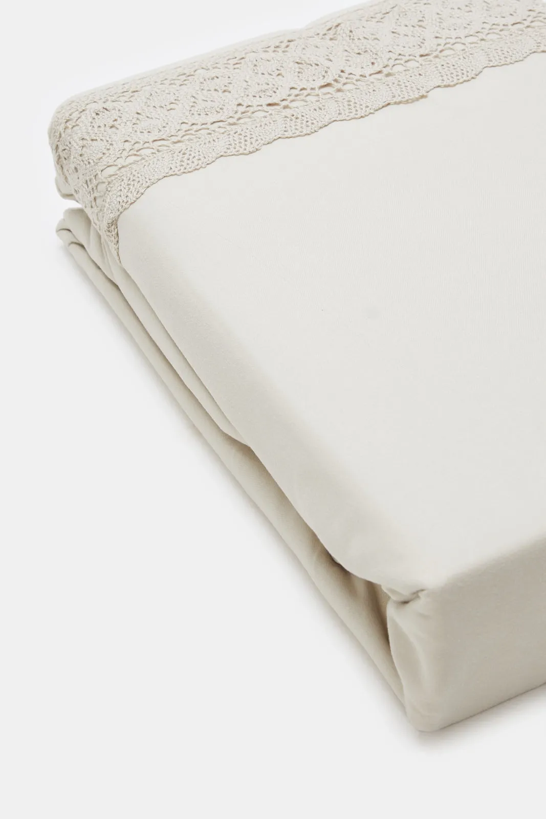 Beige 3 Piece Lace Trim Duvet Cover Set (King Size)