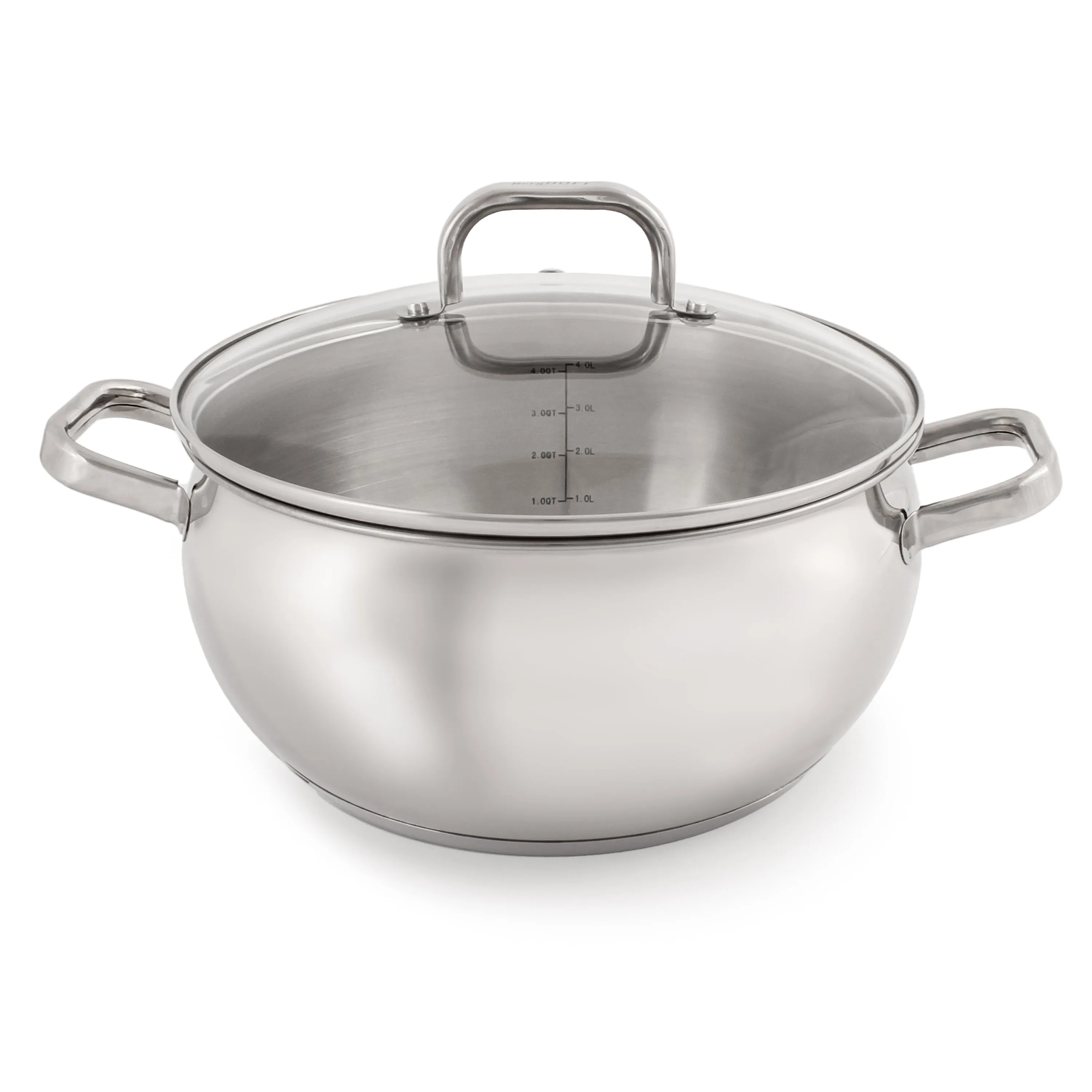 BergHOFF Belly Shape 18/10 Stainless Steel 9.5" Stock Pot with Glass Lid, 5.5qt.