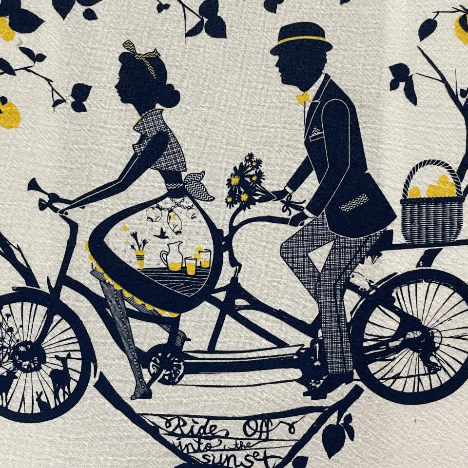 Bicycle Built For Two Tea Towel in Navy & Lemon