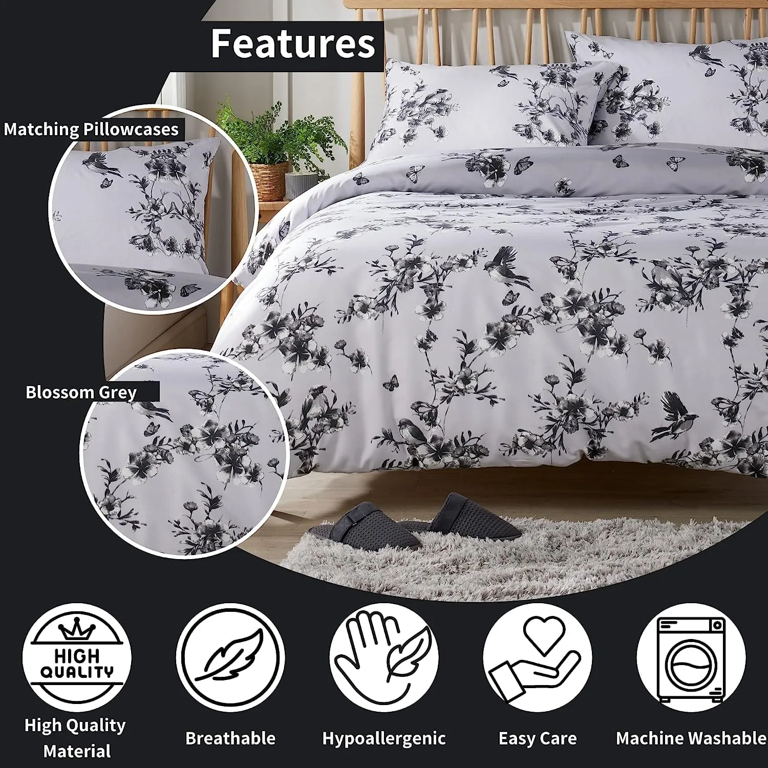 Blossom Grey Reversible Duvet Cover Set Elegant & Comfortable Polyester Blend with Button Closure Available in Single Double King Sizes by OLIVIA ROCCO