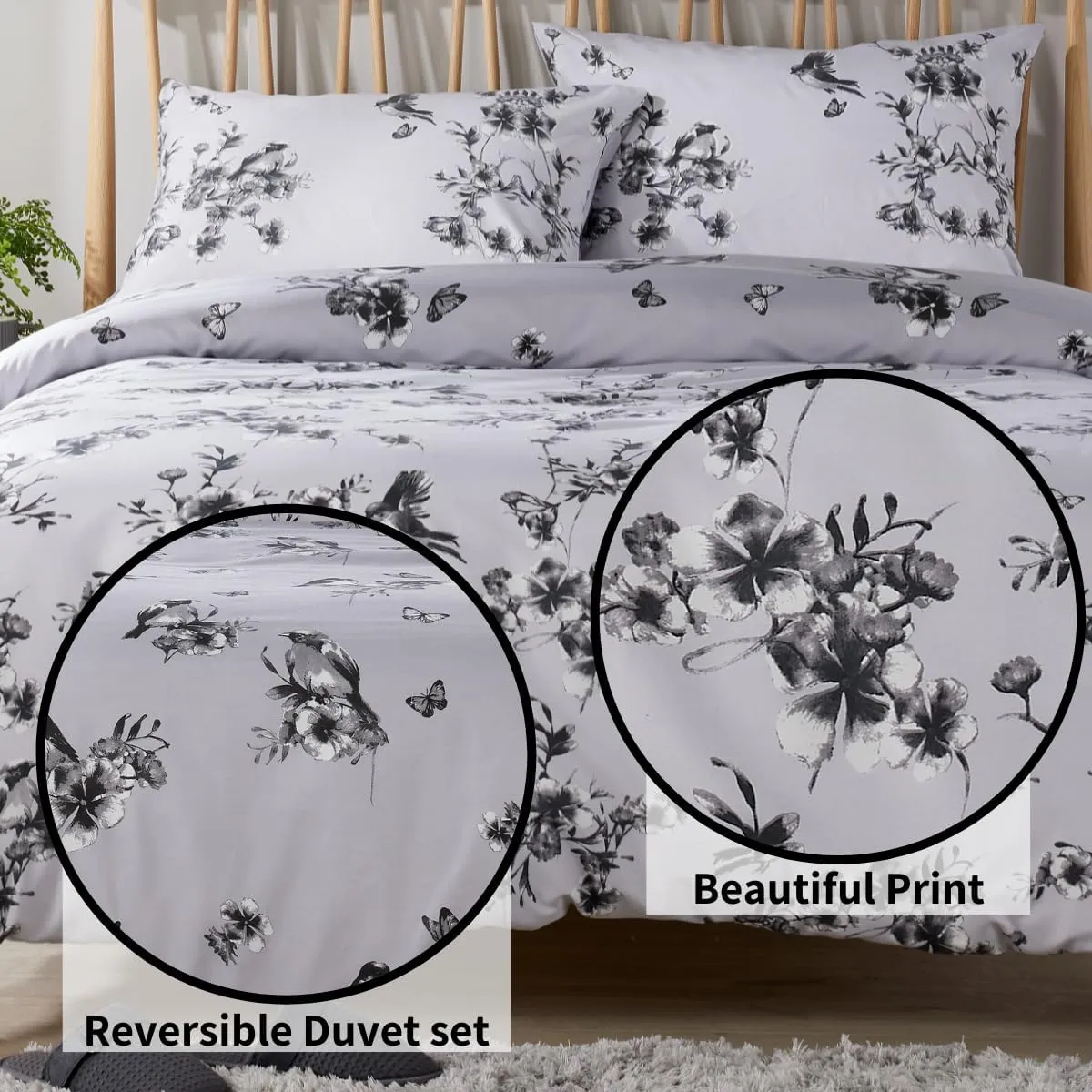 Blossom Grey Reversible Duvet Cover Set Elegant & Comfortable Polyester Blend with Button Closure Available in Single Double King Sizes by OLIVIA ROCCO