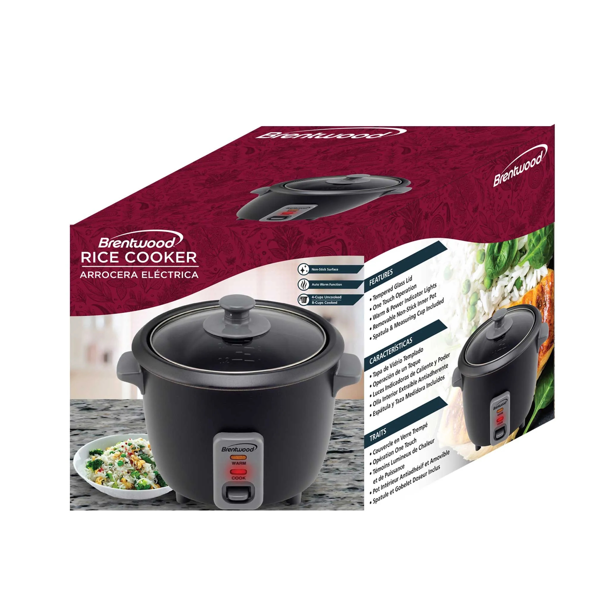 Brentwood TS-700BK 4-Cup Uncooked/8-Cup Cooked Rice Cooker, Black