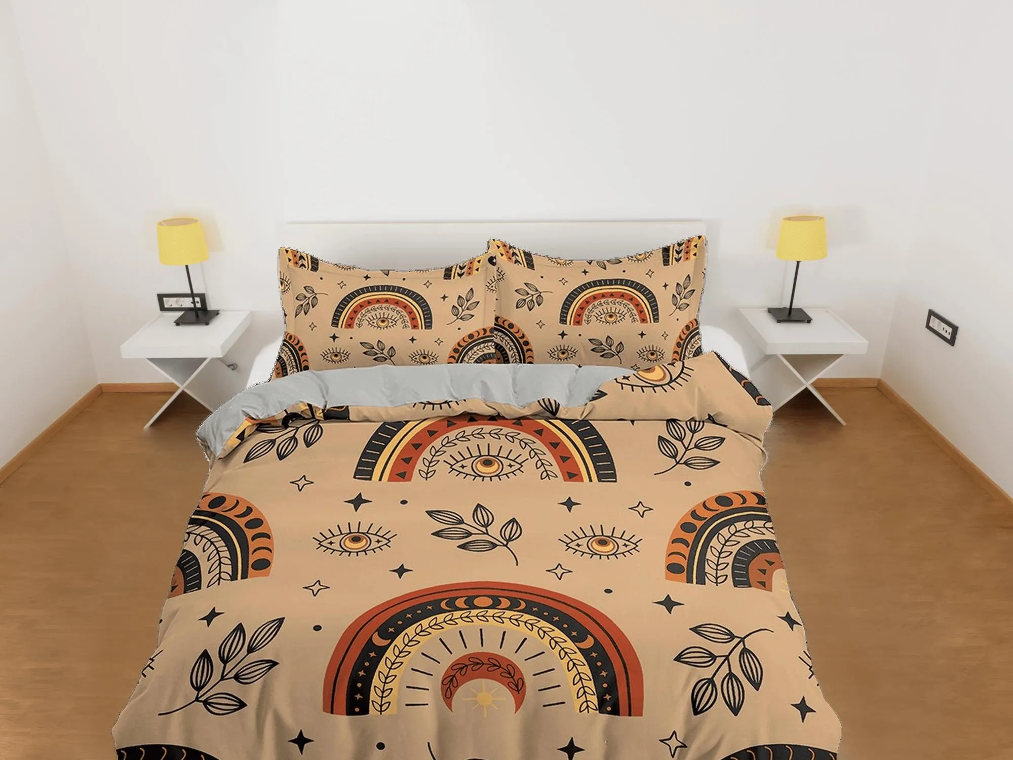 Brown Bedding with Boho Rainbow Design, Nordic Duvet Cover Set, Scandinavian Art Dorm Bedding, Aesthetic Duvet Cover King Queen Full Twin