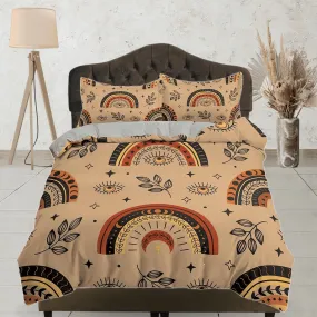 Brown Bedding with Boho Rainbow Design, Nordic Duvet Cover Set, Scandinavian Art Dorm Bedding, Aesthetic Duvet Cover King Queen Full Twin