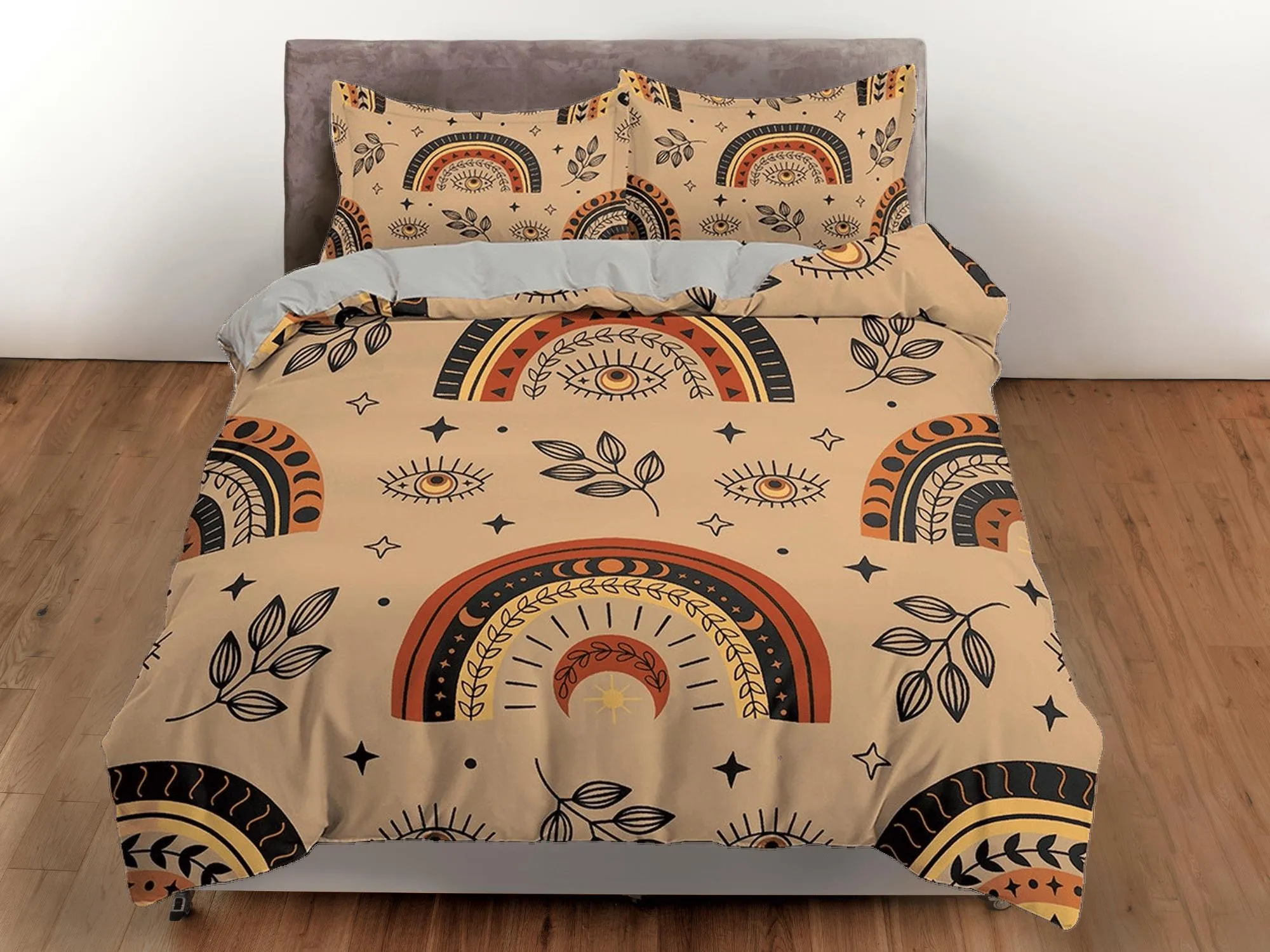 Brown Bedding with Boho Rainbow Design, Nordic Duvet Cover Set, Scandinavian Art Dorm Bedding, Aesthetic Duvet Cover King Queen Full Twin