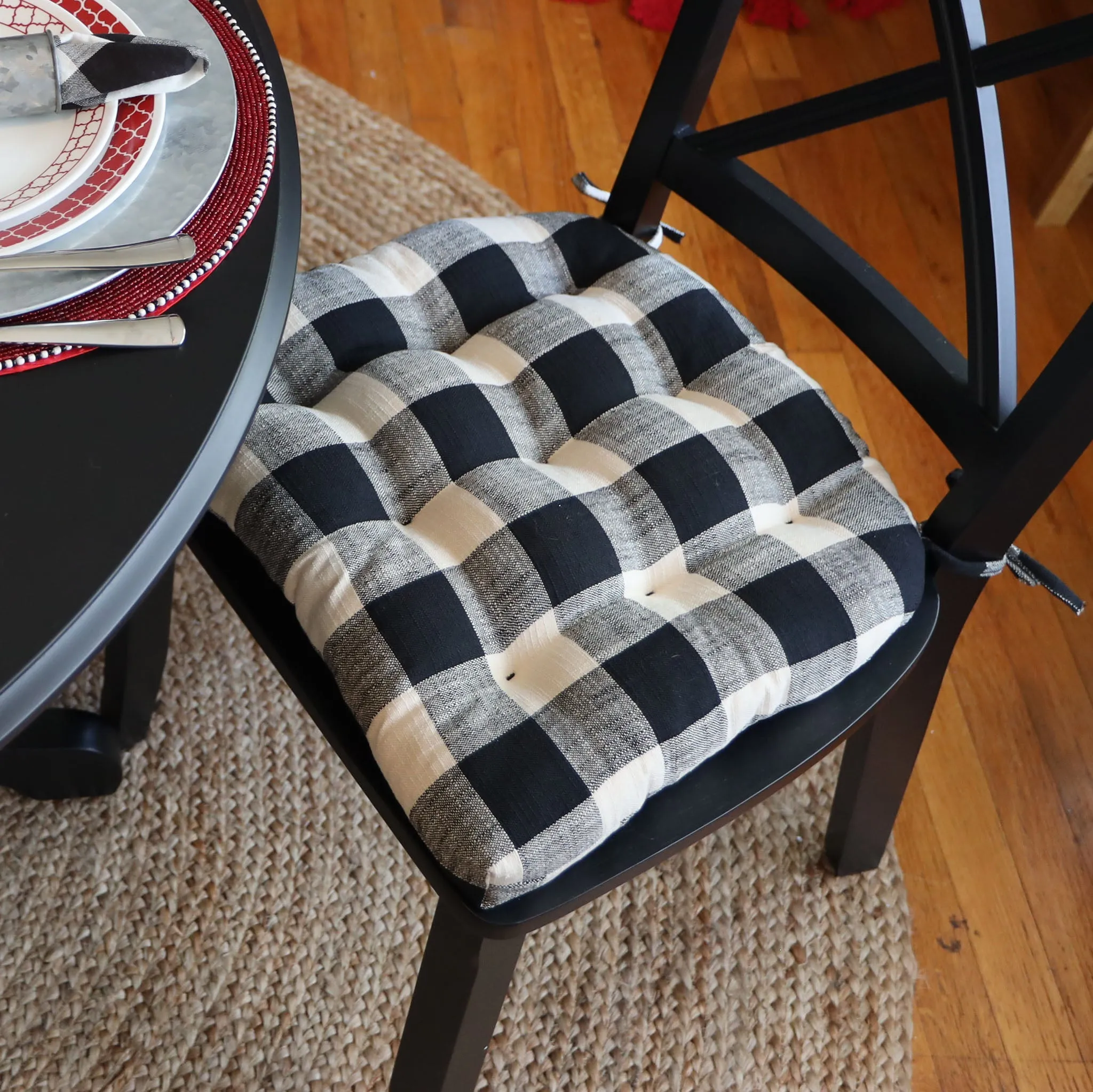 Buffalo Check Dining Chair Pad - Latex Foam Fill - Black & Cream