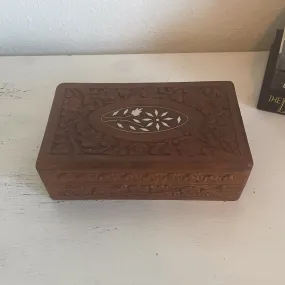 Carved Wood Stash Box with White Inlay - Vintage