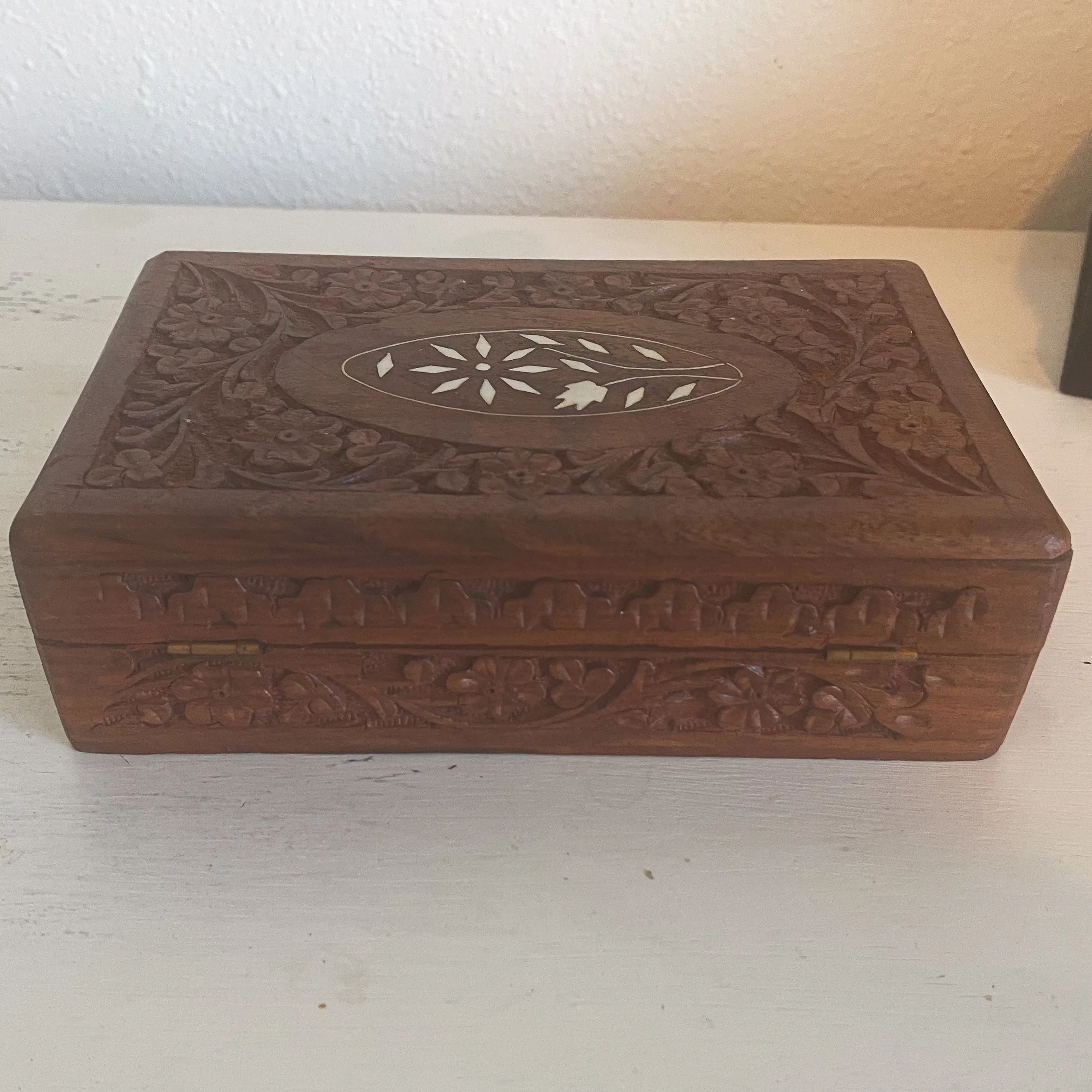 Carved Wood Stash Box with White Inlay - Vintage