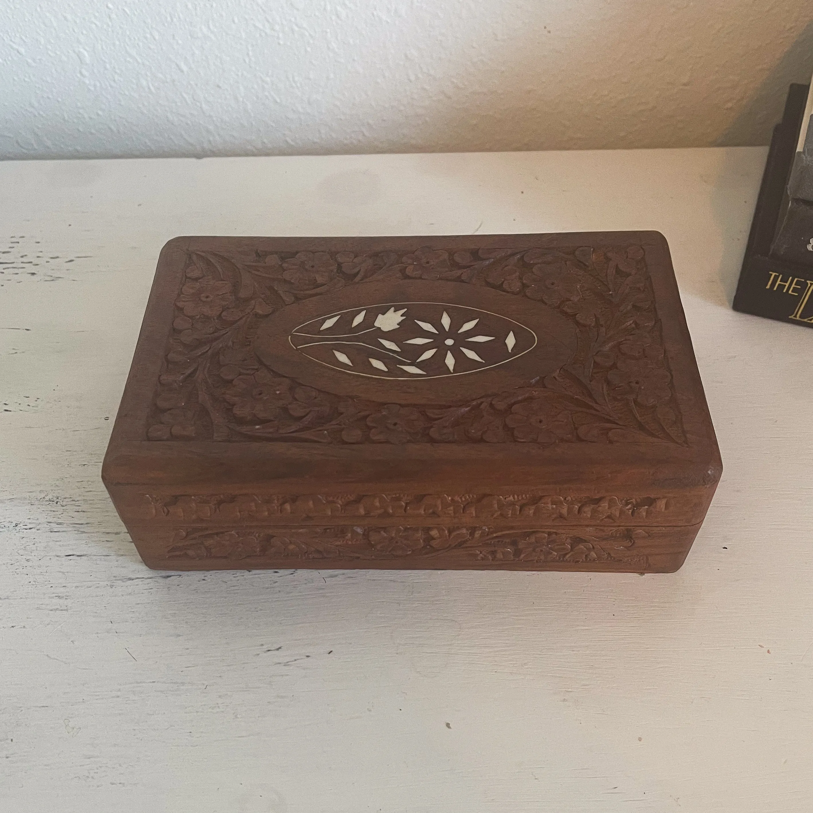 Carved Wood Stash Box with White Inlay - Vintage