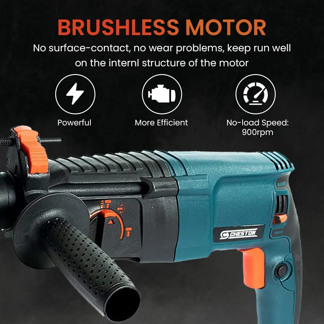 CHESTON 26 mm 850W 900RPM 3 Modes Rotary Hammer Drill Machine with 3-Piece Drill Bit and 2 Chisel & SDS Chuck Adapter Universal Drill for Drilling & Demolition Task