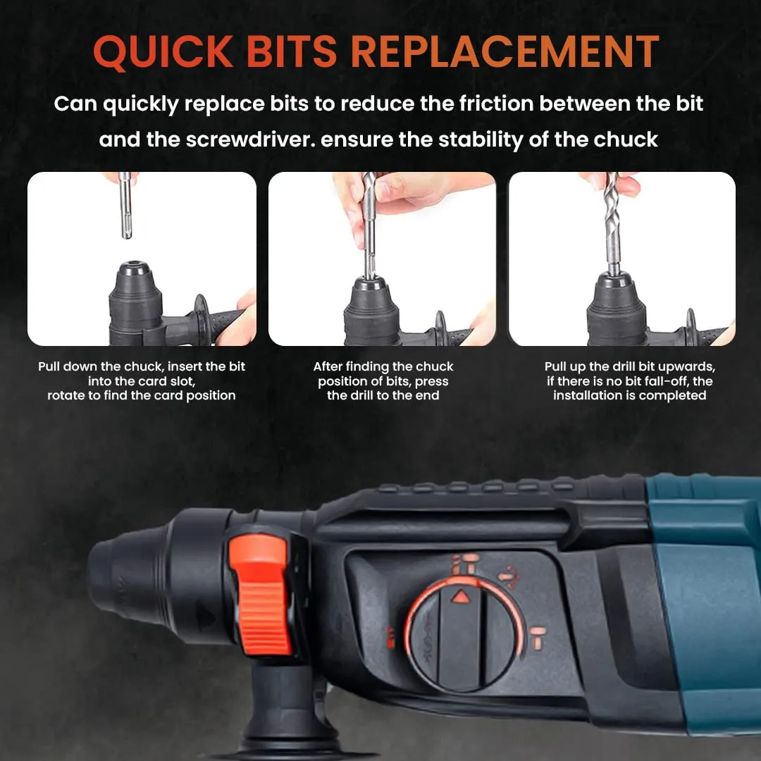 CHESTON 26 mm 850W 900RPM 3 Modes Rotary Hammer Drill Machine with 3-Piece Drill Bit and 2 Chisel & SDS Chuck Adapter Universal Drill for Drilling & Demolition Task