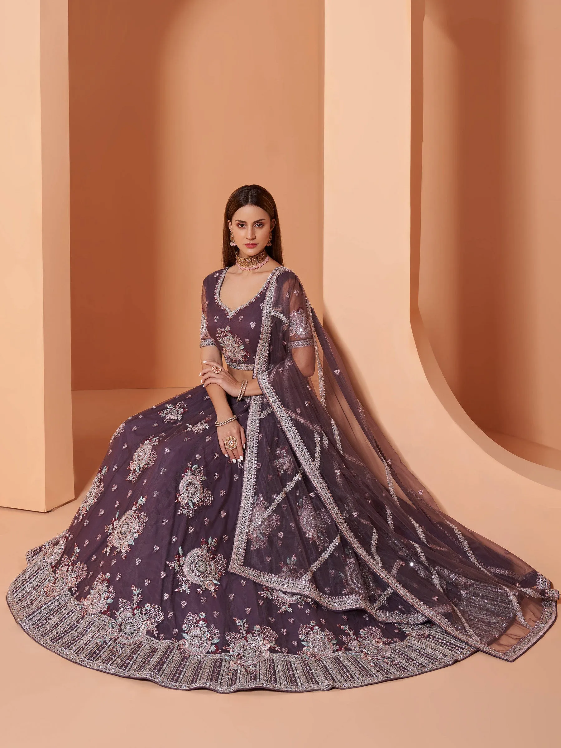 Cording Work Taupe Purple Wedding Wear Lehenga Choli