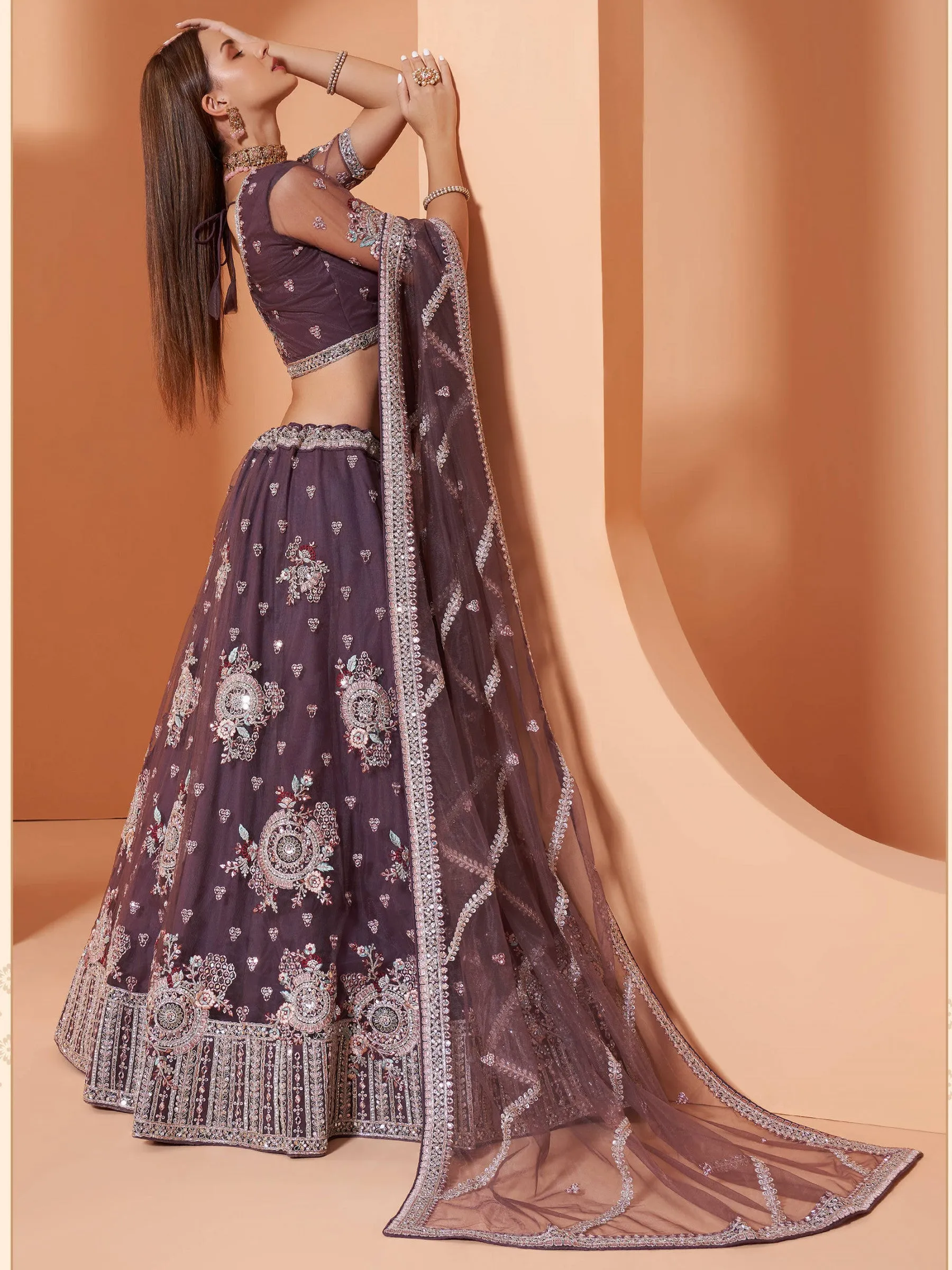 Cording Work Taupe Purple Wedding Wear Lehenga Choli