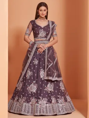 Cording Work Taupe Purple Wedding Wear Lehenga Choli