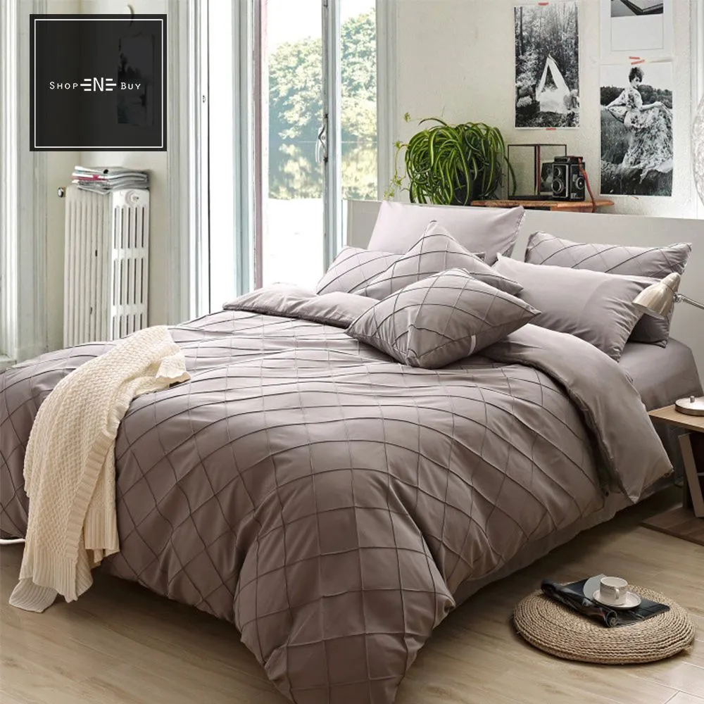 Cross Pleated Duvet Set Coffee Grey