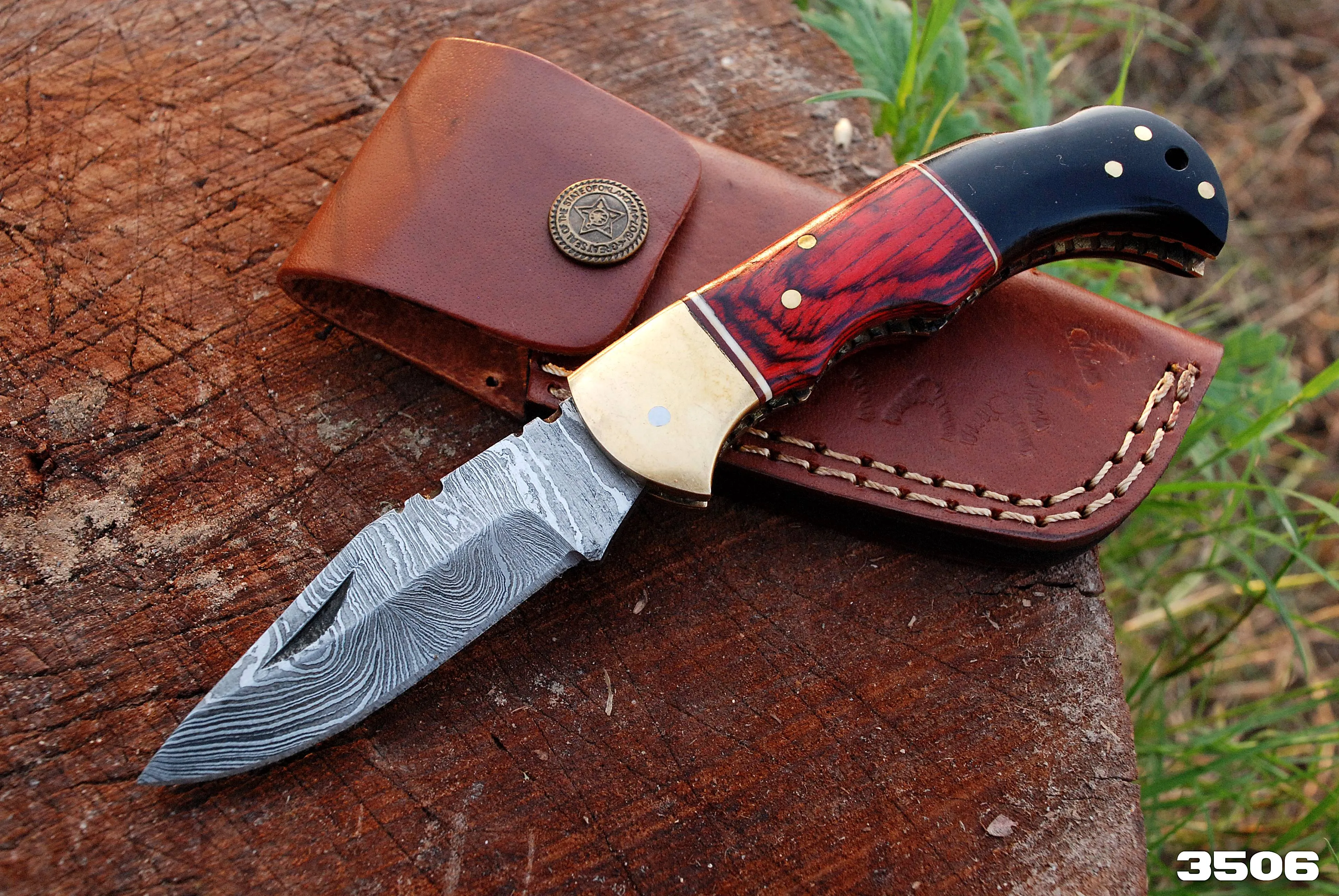 Custom Hand Made Damascus Hunting Folding Knife With Brass Bolster & Bull Horn Wood Handle x-133