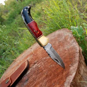 Custom Hand Made Damascus Hunting Folding Knife With Brass Bolster & Bull Horn Wood Handle x-133