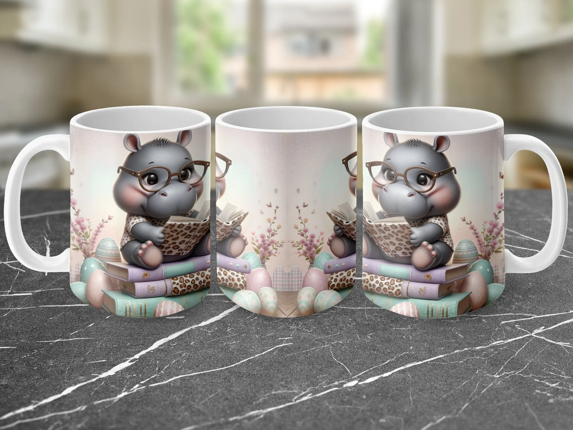 Cute Hippo Reading a Book Easter Coffee Mug, Easter Gift for Girls, Kids Easter Mug, Cute Hippo Mug for Girls, Book Lover Gift