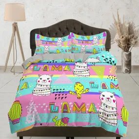 Cute Llama Colorful Neon Bedding, Duvet Cover Set & Pillowcase, Zipper Bedding, Dorm Bedding, Teens Adult Duvet King Queen Full Twin Single