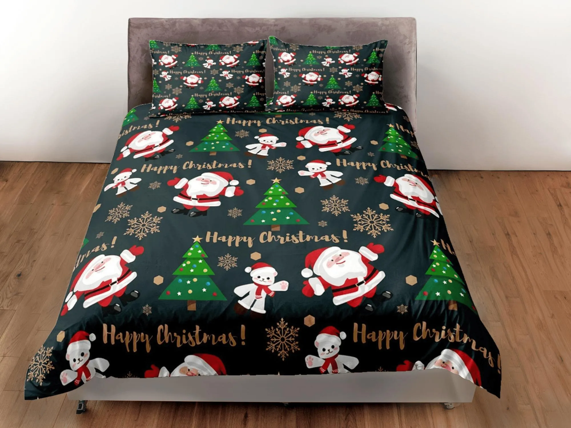 Cute Merry Christmas Santa Claus Polar bear Christmas bedding, pillowcase holiday gift duvet cover, toddler bedding baby Christmas farmhouse