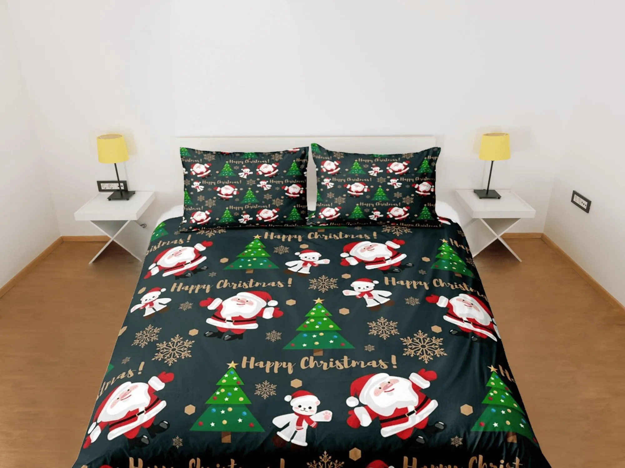 Cute Merry Christmas Santa Claus Polar bear Christmas bedding, pillowcase holiday gift duvet cover, toddler bedding baby Christmas farmhouse