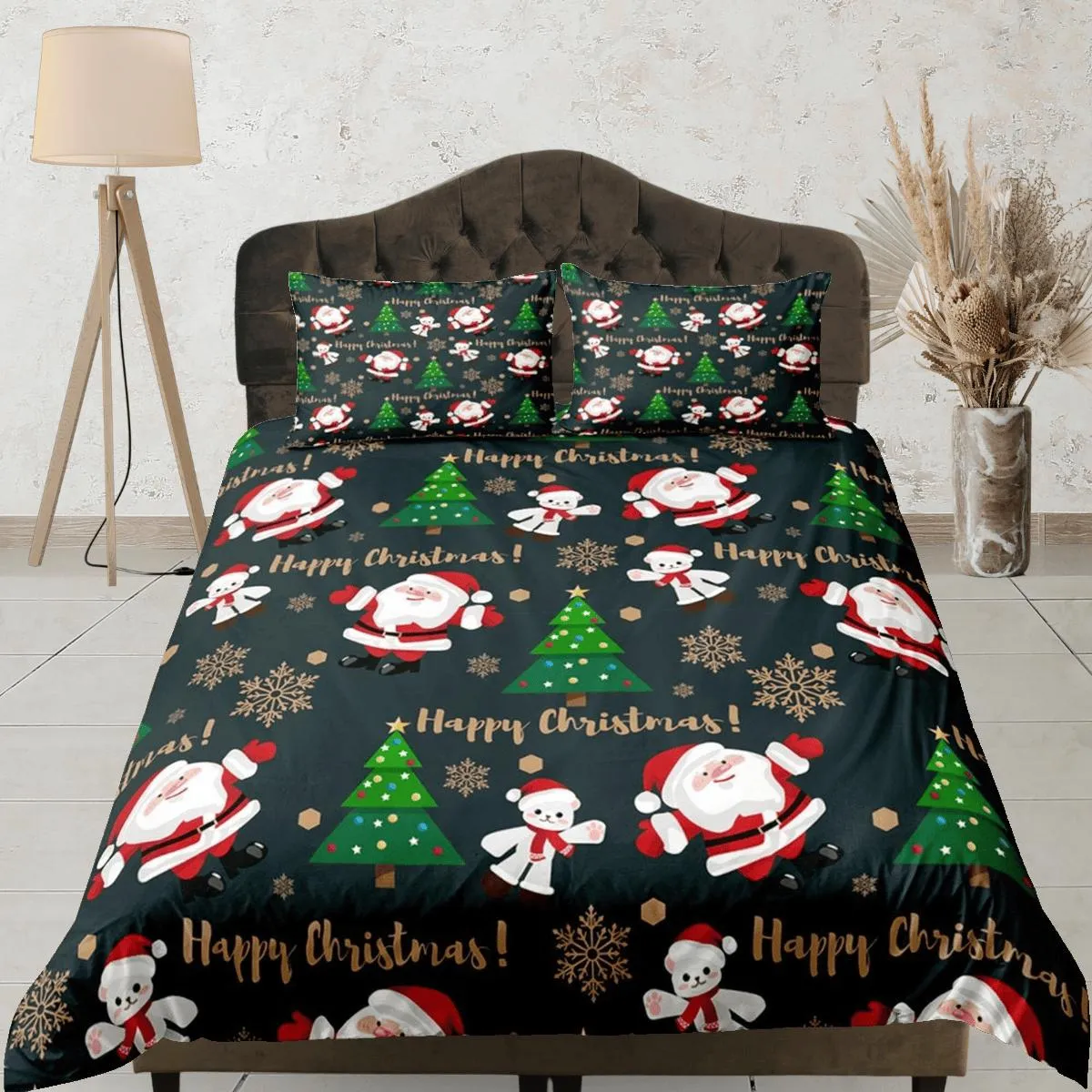 Cute Merry Christmas Santa Claus Polar bear Christmas bedding, pillowcase holiday gift duvet cover, toddler bedding baby Christmas farmhouse