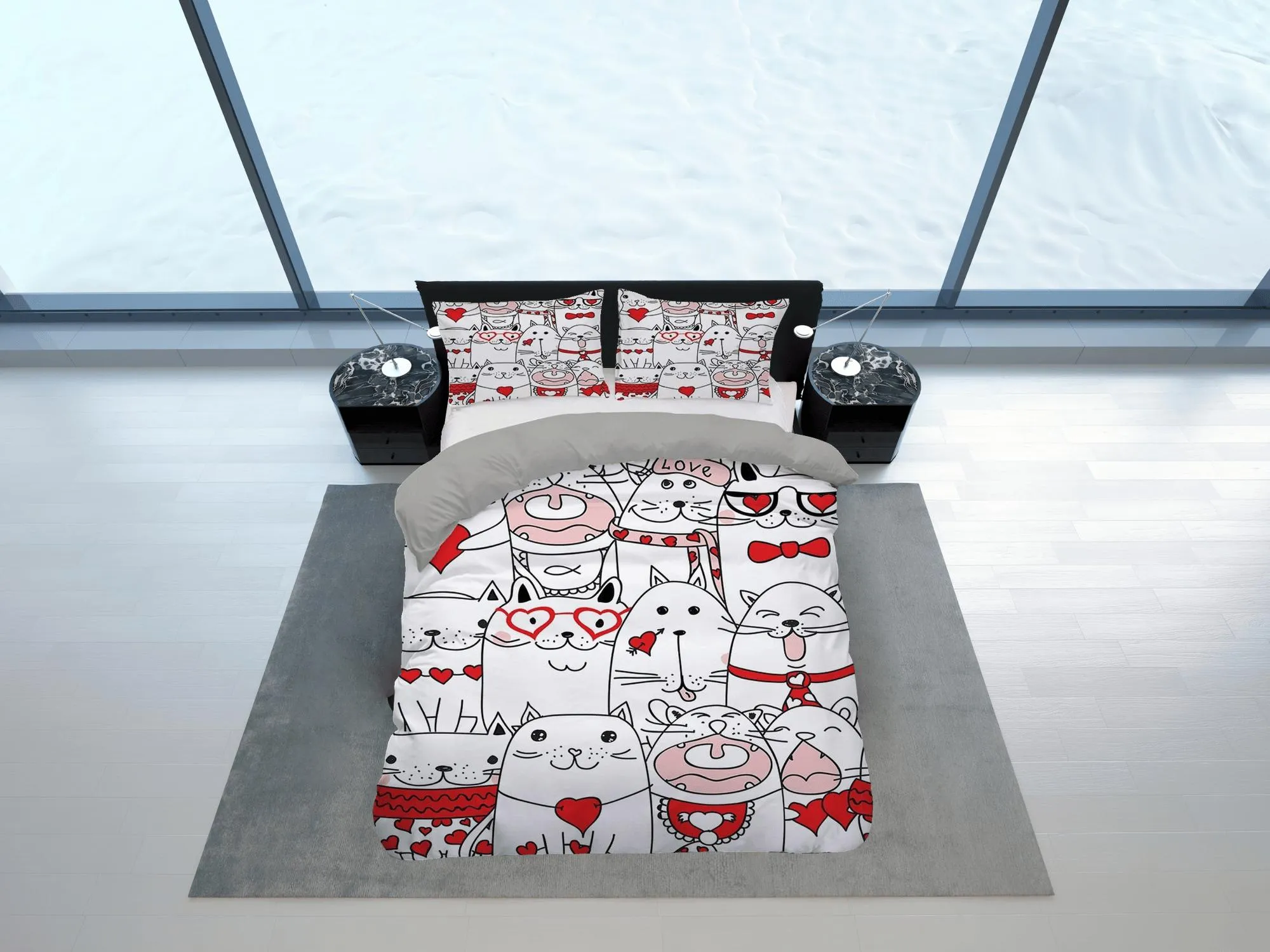 Cute white cat bedding with red accents, toddler bedding, kids duvet cover set, gift for cat lovers, baby bedding, baby shower gift