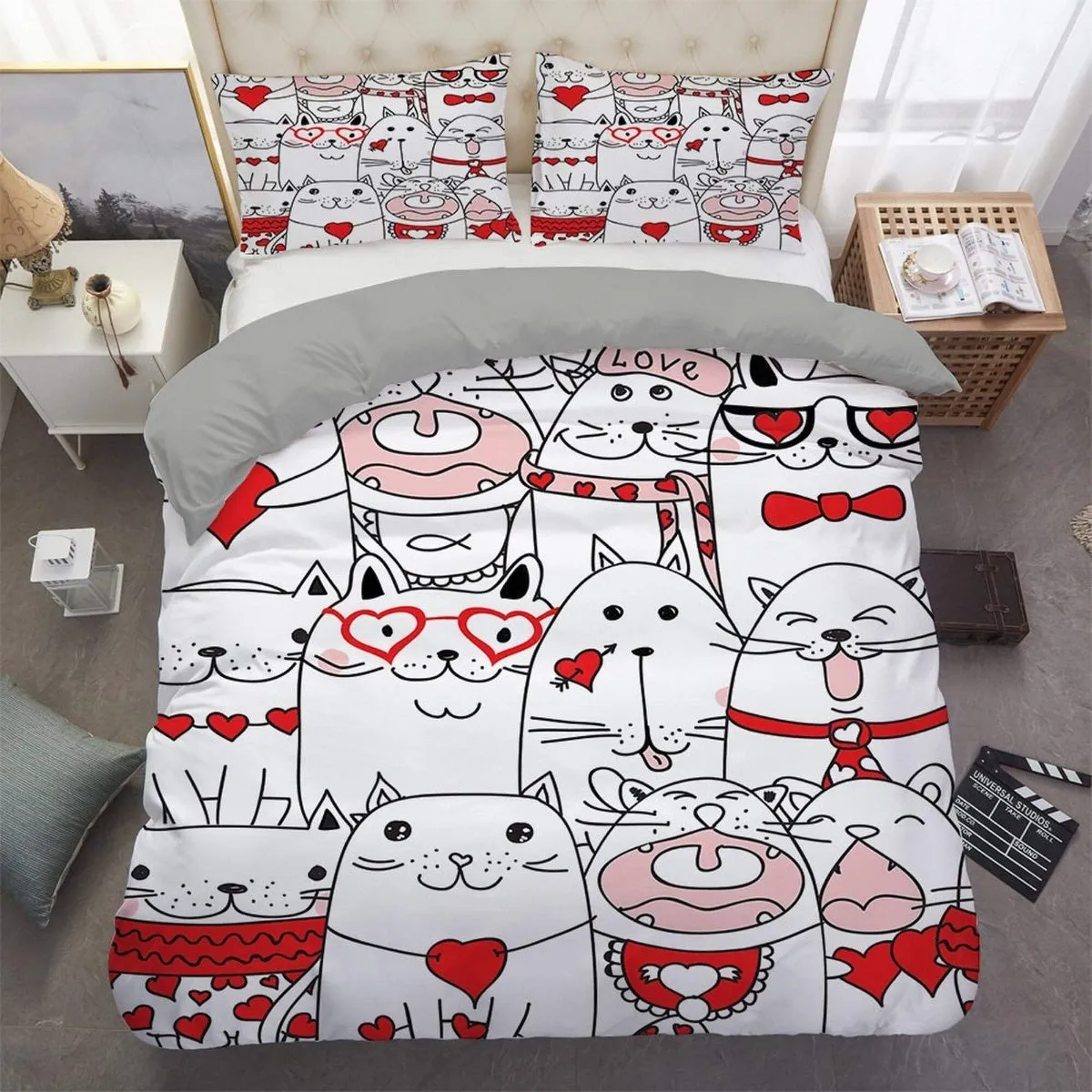 Cute white cat bedding with red accents, toddler bedding, kids duvet cover set, gift for cat lovers, baby bedding, baby shower gift