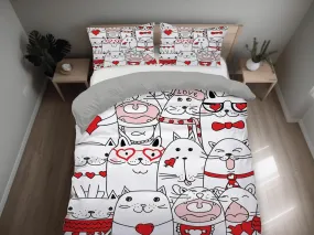 Cute white cat bedding with red accents, toddler bedding, kids duvet cover set, gift for cat lovers, baby bedding, baby shower gift