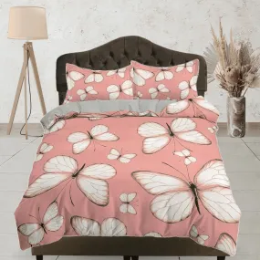 Dainty butterfly bedding peach pink duvet cover boho chic dorm bedding full size adult duvet king queen twin, nursery toddler bedding