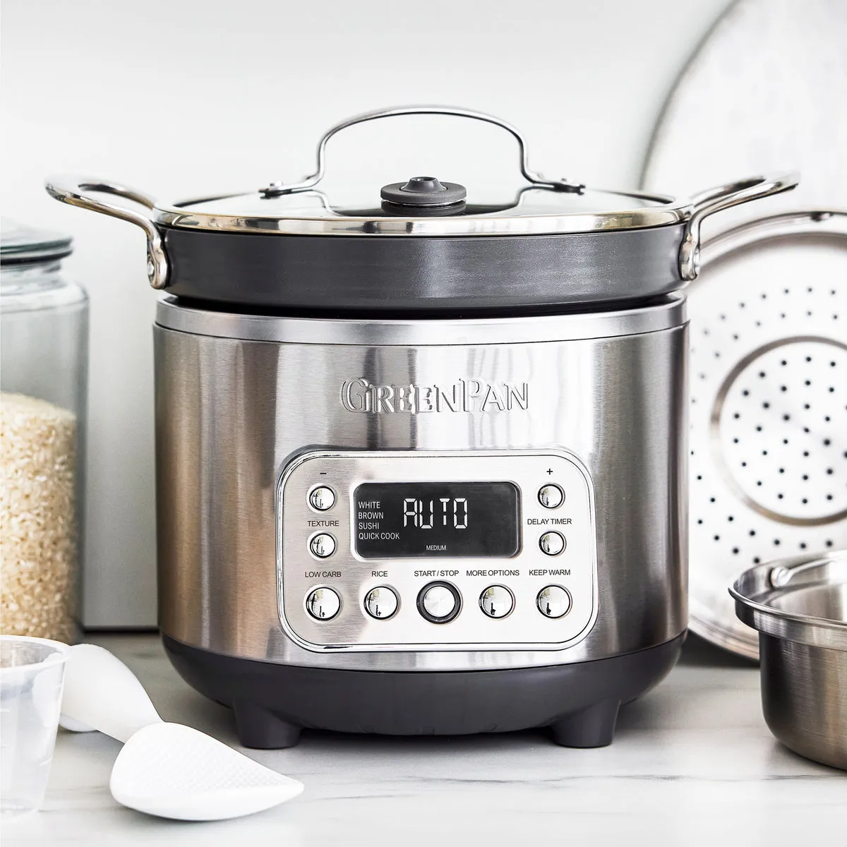 Elite 10-Cup Carb-Reducing Rice & Grains Cooker | Premiere Stainless Steel