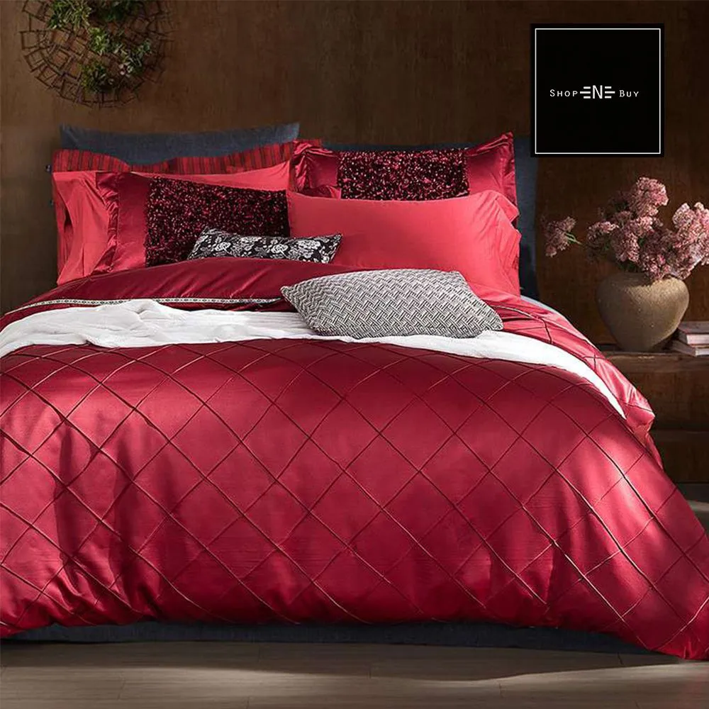 Embellish Pleated Bridal Quilt Set Red- 12 Pieces Set with Free Quilt Filling