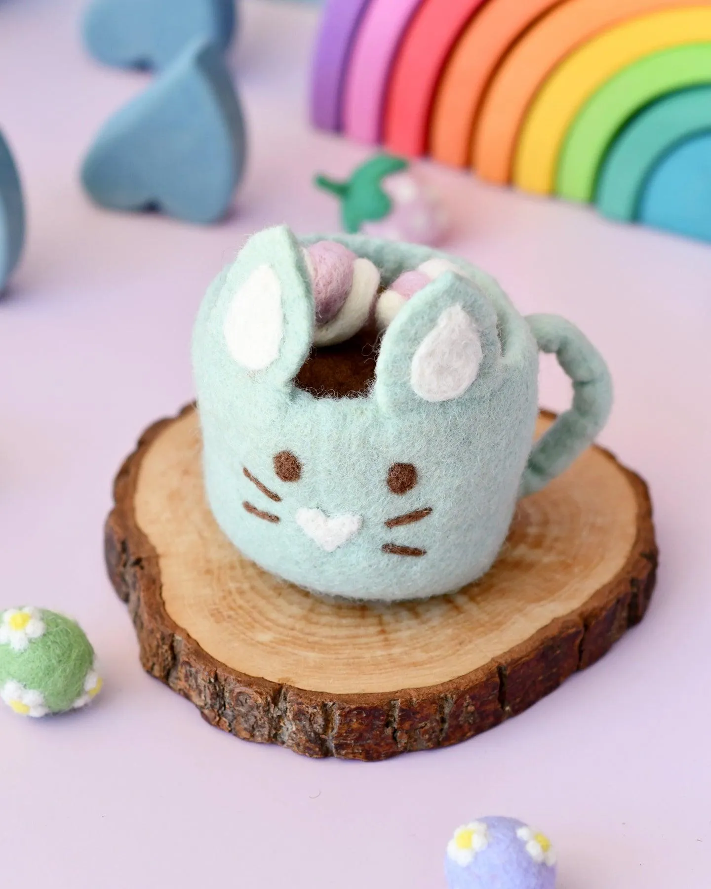 Felt Bunny Hot Chocolate Mug with Marshmallows (Mint Green Cup)