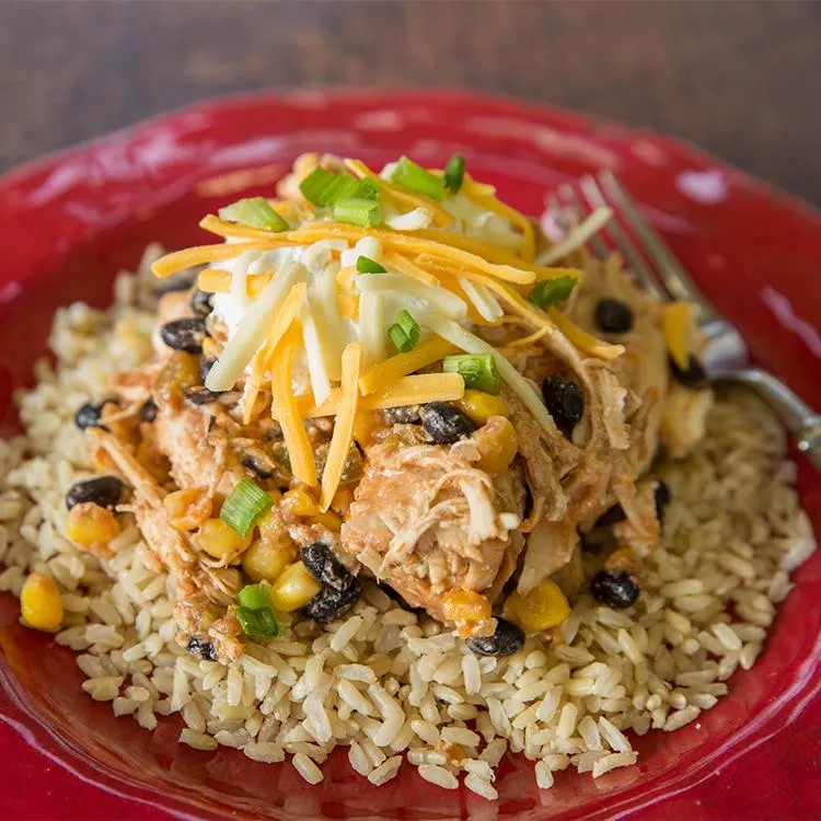 Fiesta Chicken with Tortilla Chips and Brown Rice: Slow-Cooker or Pressure Cooker