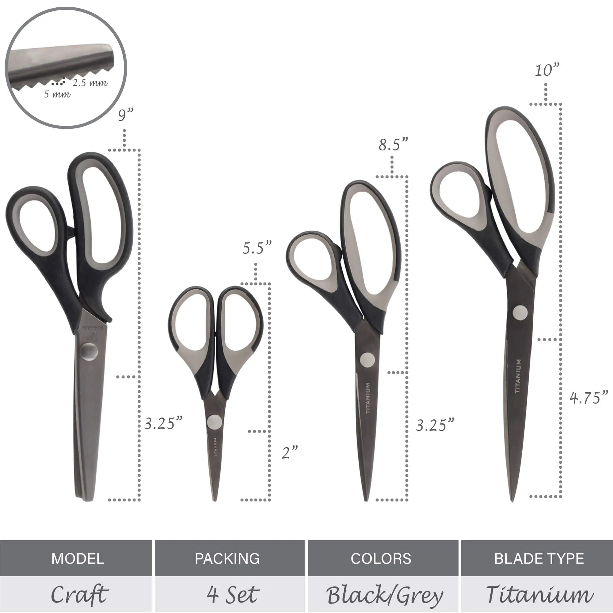 Four Piece Titanium Softgrip Scissors Set for Sewing, Arts, Crafts, Office