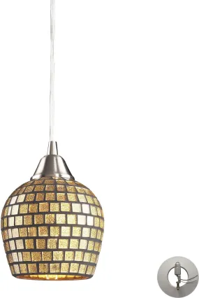 Fusion 1 Light Pendant In Satin Nickel and Gold Leaf Glass - Includes Recessed Lighting Kit